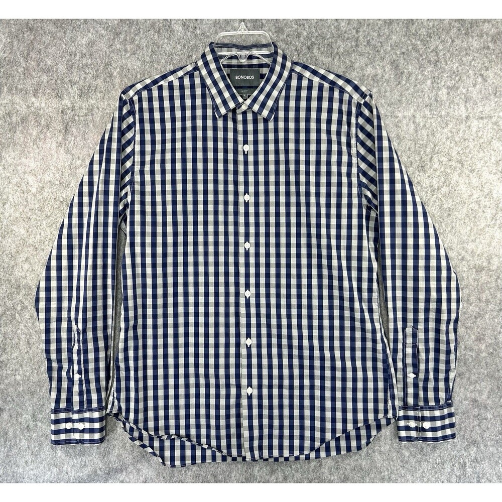 Bonobos Shirt Men Large Slim Fit Button Up Long Sleeve Gray Blue Plaid Check
